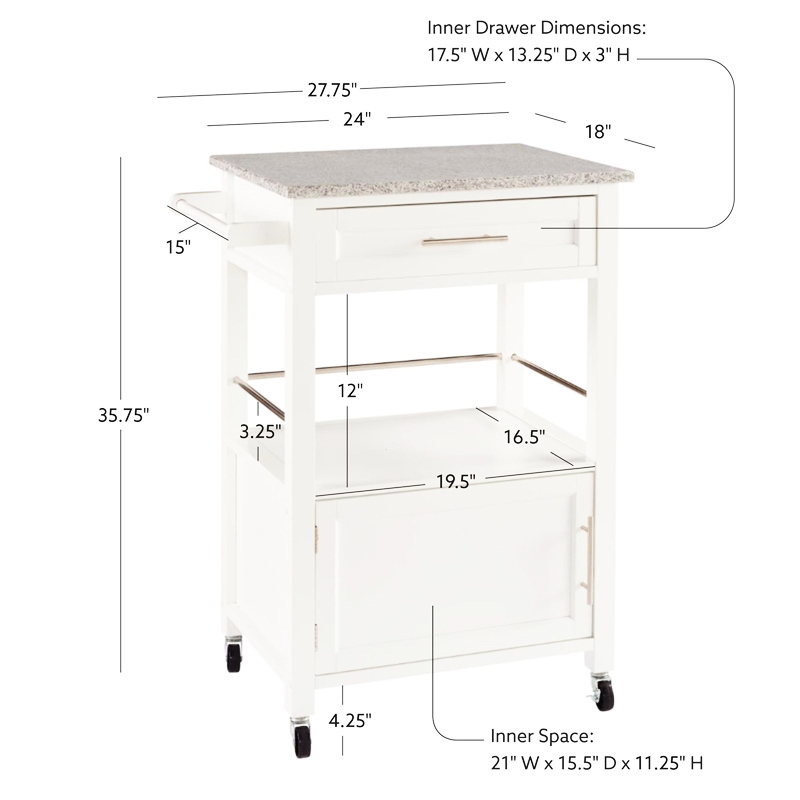 Pemberly Row Transitional Wood/Granite Top Kitchen Cart in Bright White