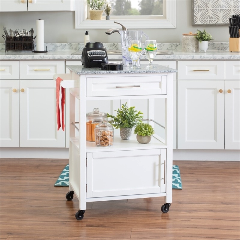 Pemberly Row Transitional Wood/Granite Top Kitchen Cart in Bright White