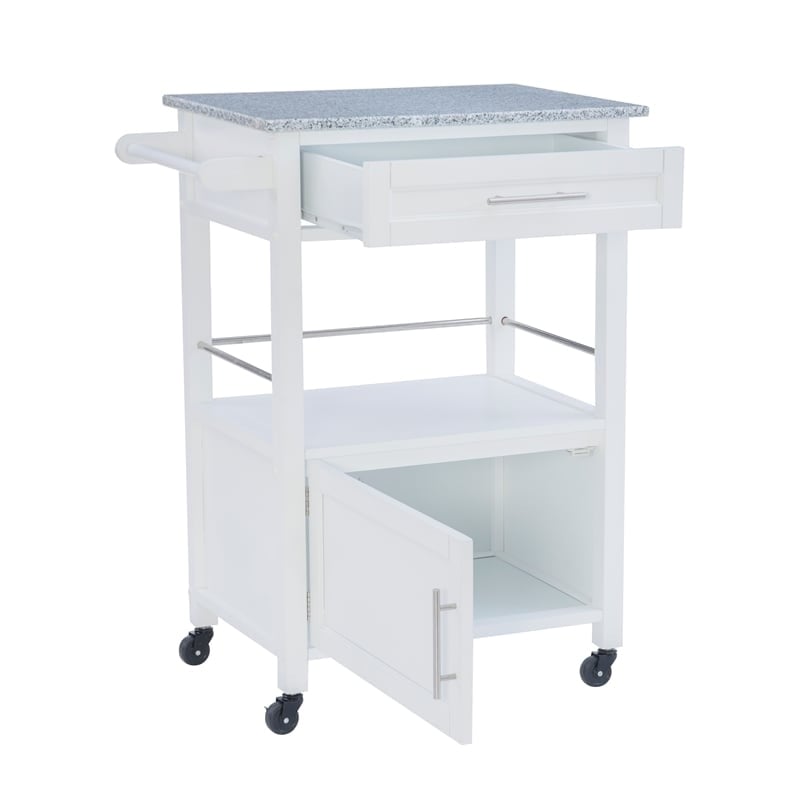 Pemberly Row Transitional Wood/Granite Top Kitchen Cart in Bright White
