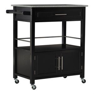 Pemberly Row Transitional Wood/Granite Top Kitchen Cart in Black