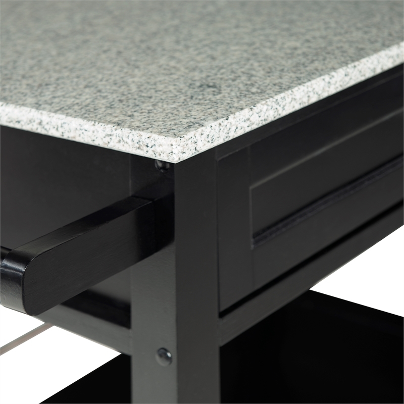 Pemberly Row Transitional Wood/Granite Top Kitchen Cart in Black
