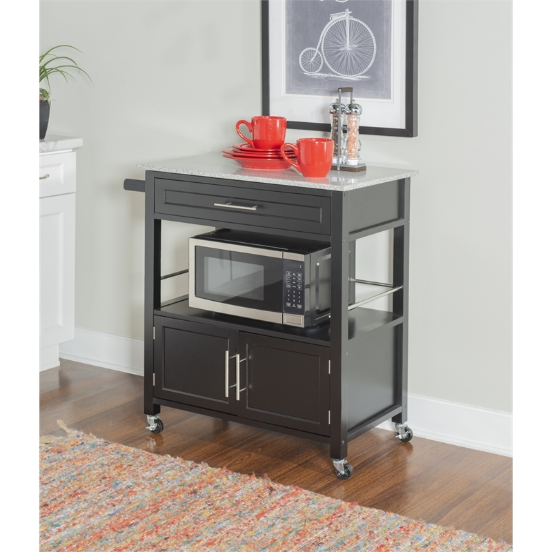 Pemberly Row Transitional Wood/Granite Top Kitchen Cart in Black