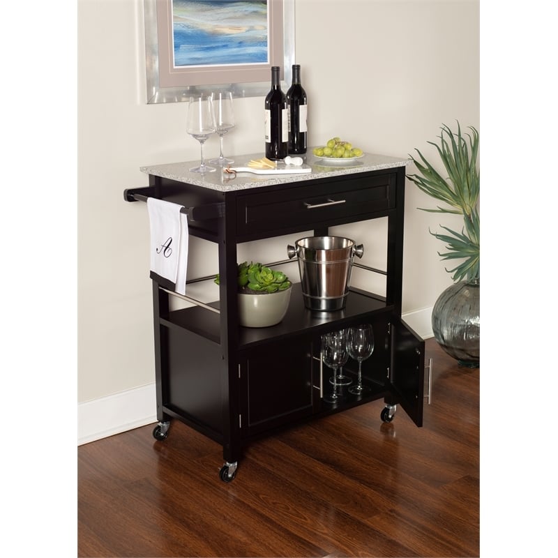 Pemberly Row Transitional Wood/Granite Top Kitchen Cart in Black