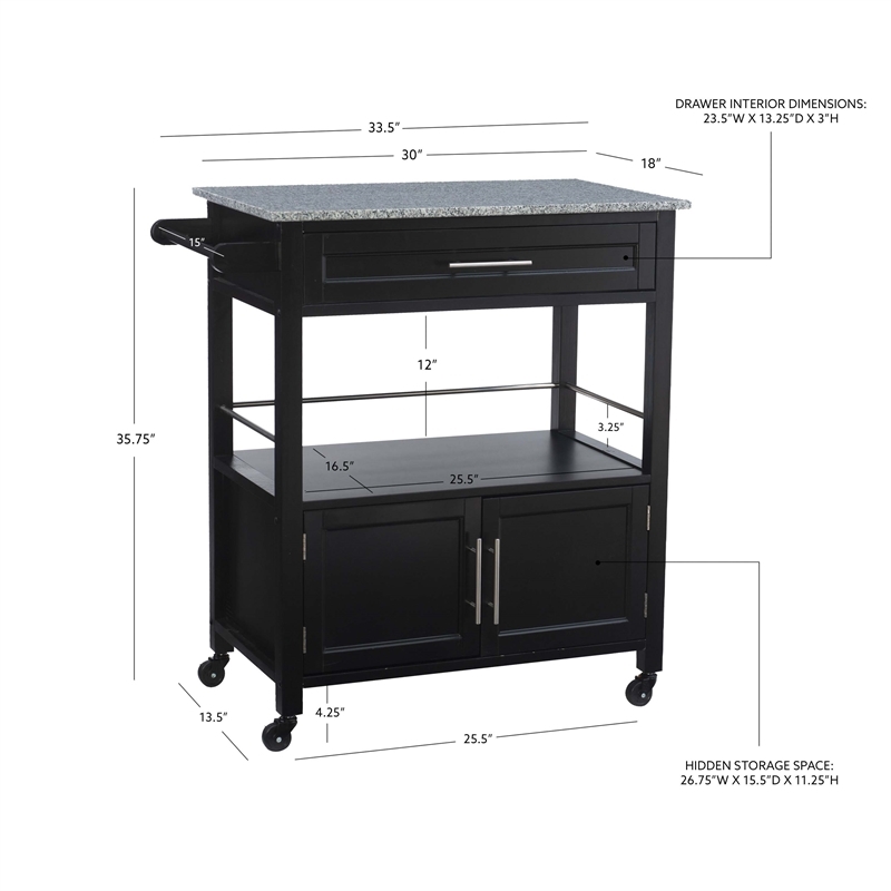Pemberly Row Transitional Wood/Granite Top Kitchen Cart in Black