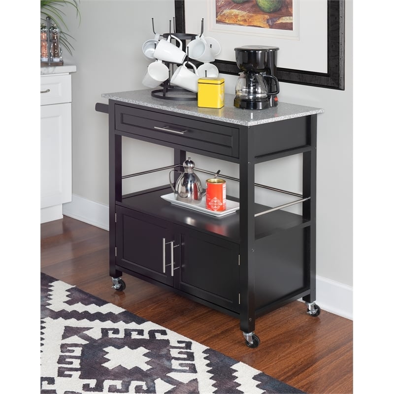 Pemberly Row Transitional Wood/Granite Top Kitchen Cart in Black