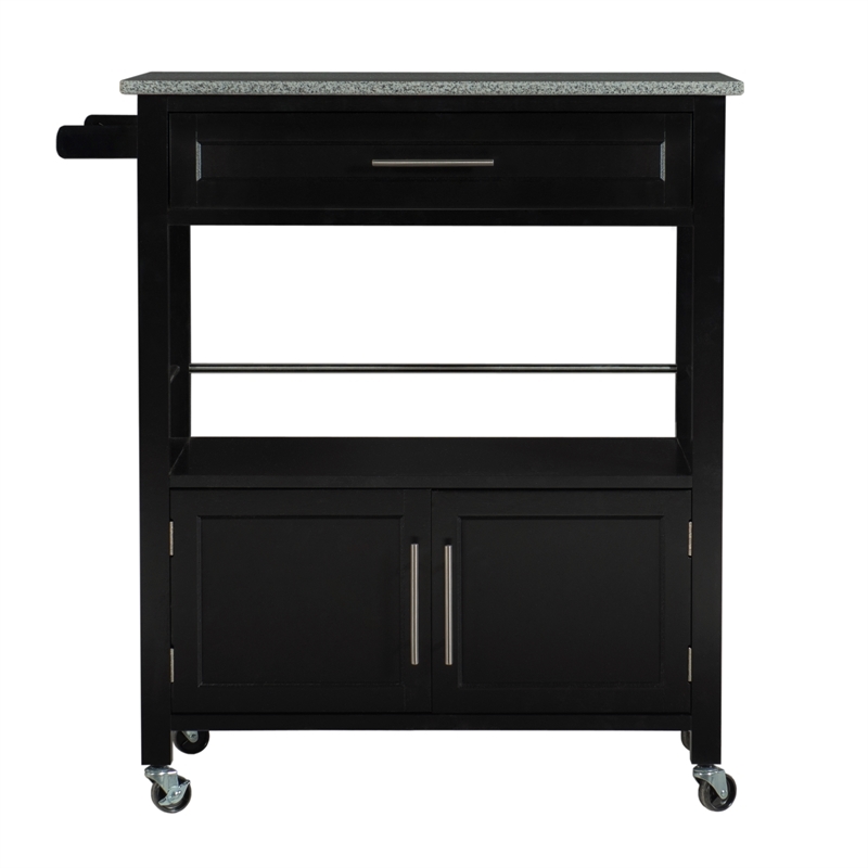 Pemberly Row Transitional Wood/Granite Top Kitchen Cart in Black