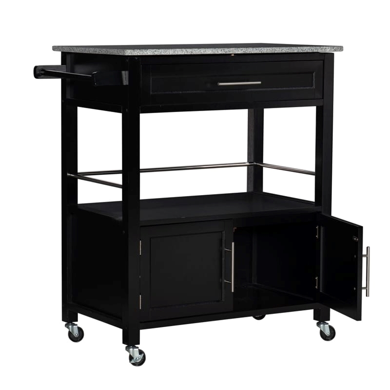 Pemberly Row Transitional Wood/Granite Top Kitchen Cart in Black