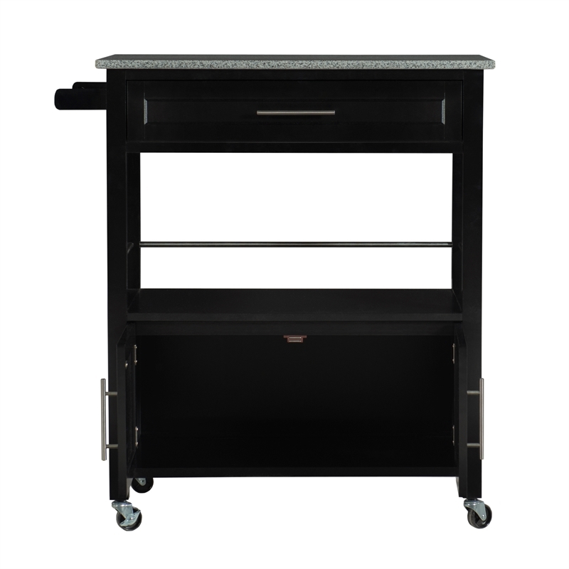Pemberly Row Transitional Wood/Granite Top Kitchen Cart in Black
