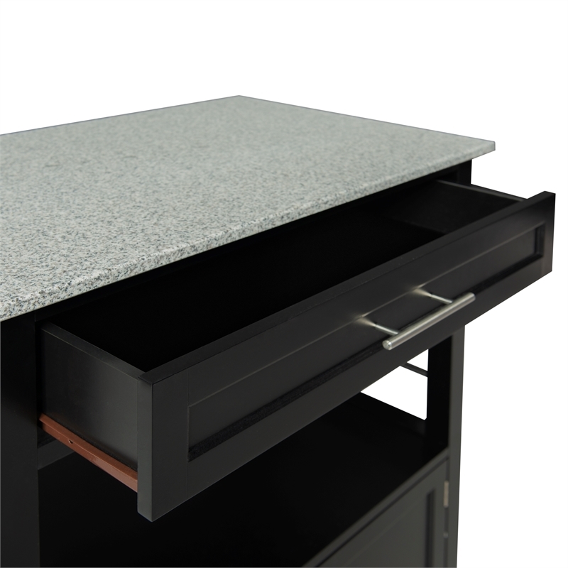 Pemberly Row Transitional Wood/Granite Top Kitchen Cart in Black