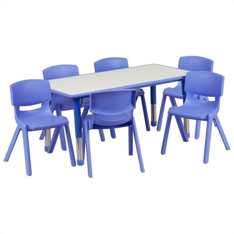 Pemberly Row Plastic Activity Table Set with 6 School Stacking Chairs in Blue