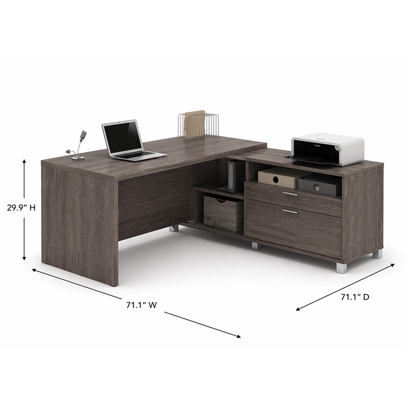 Pemberly Row Modern 2-Shelf Durable Wood L Shaped Desk in Bark Gray