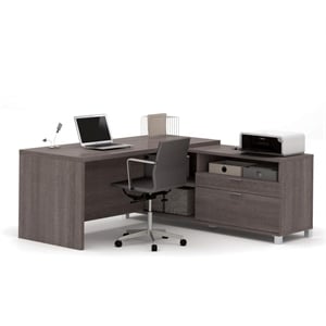 Pemberly Row Modern 2-Shelf Durable Wood L Shaped Desk in Bark Gray