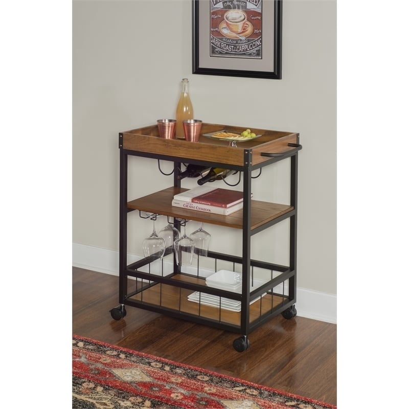 Pemberly Row Wood Rolling Bar Cart with Wine and Glass Rack in Black