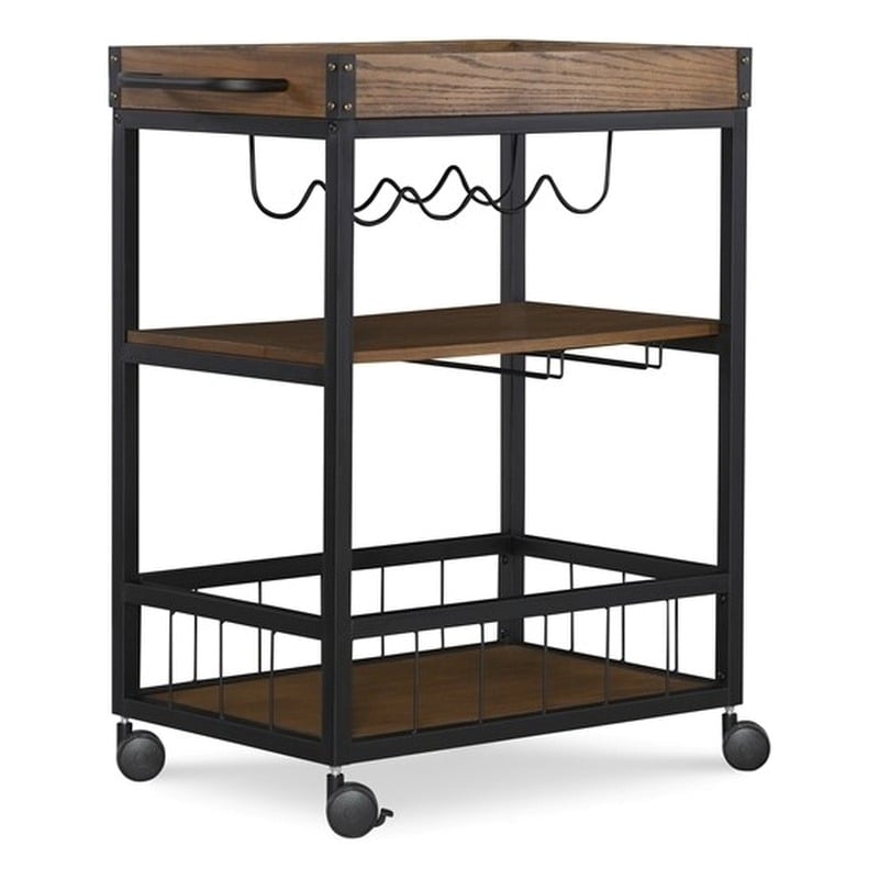 Pemberly Row Wood Rolling Bar Cart with Wine and Glass Rack in Black