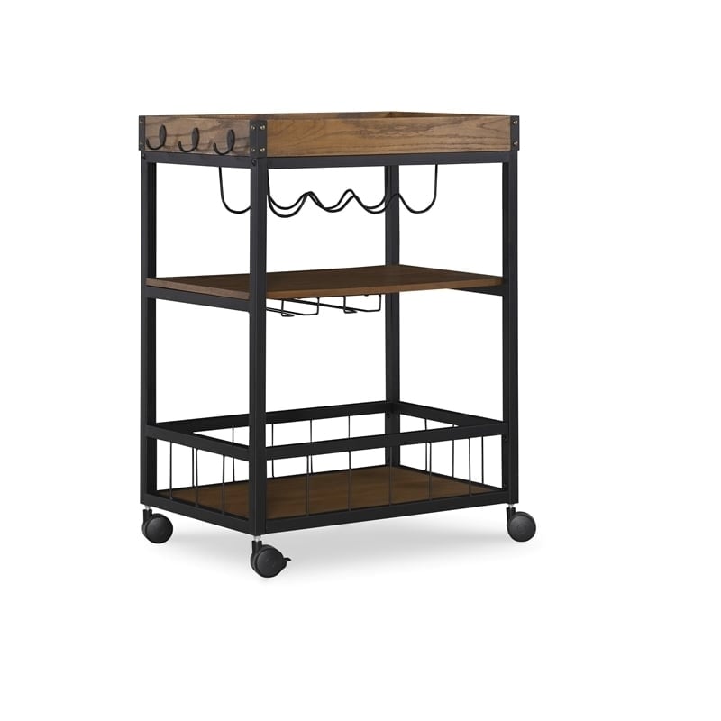 Pemberly Row Wood Rolling Bar Cart with Wine and Glass Rack in Black
