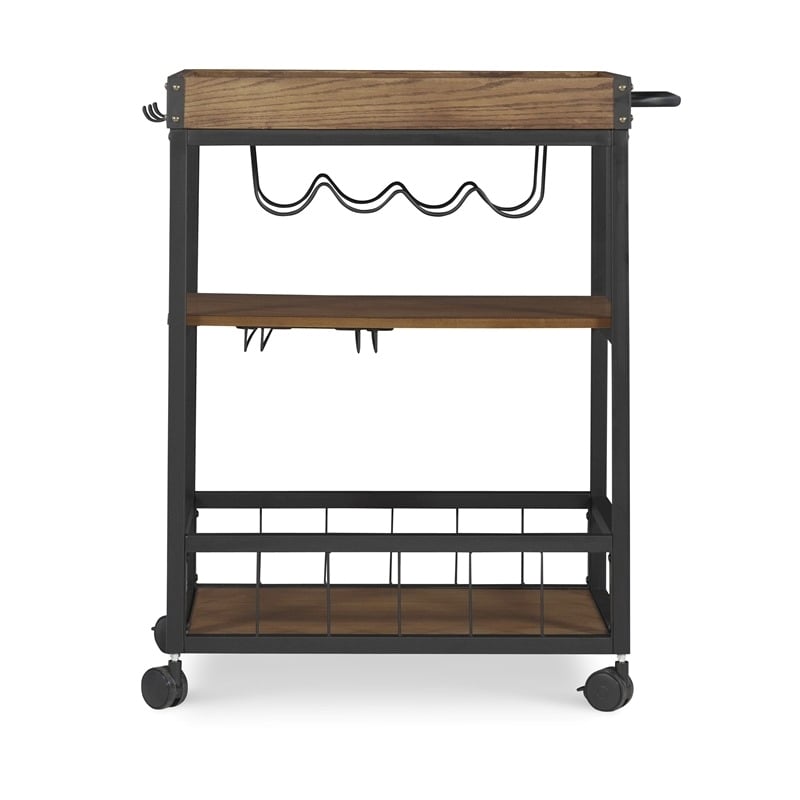 Pemberly Row Wood Rolling Bar Cart with Wine and Glass Rack in Black