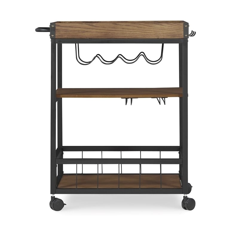 Pemberly Row Wood Rolling Bar Cart with Wine and Glass Rack in Black