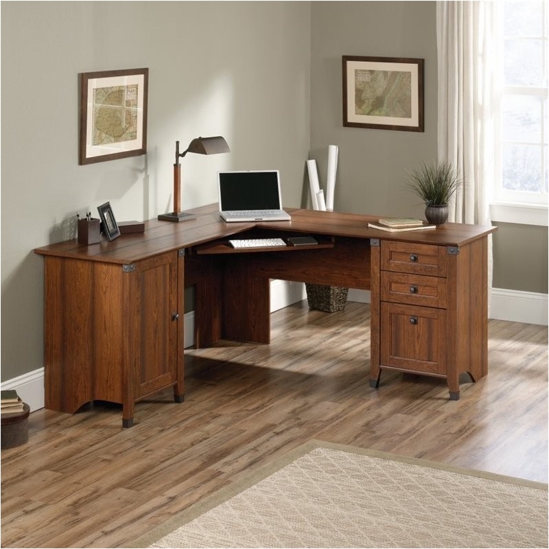 Pemberly Row Contemporary Wood L Shaped Computer Desk in Washington Cherry