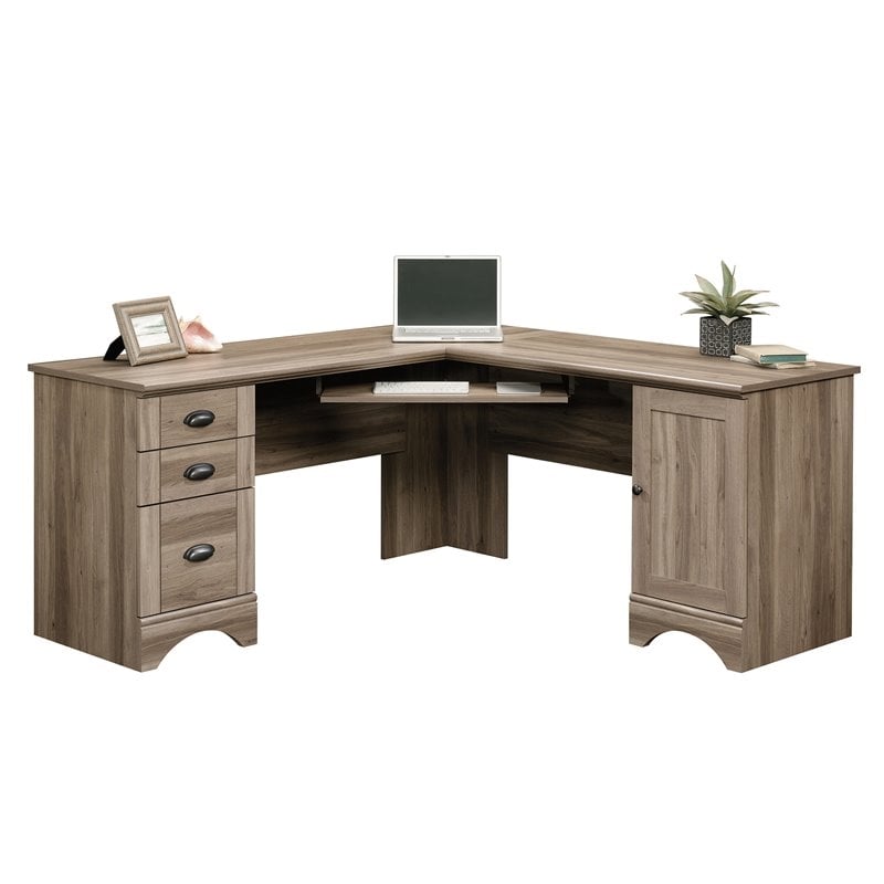 Pemberly Row L-Shaped Contemporary Engineered Wood Computer Desk in Salt Oak