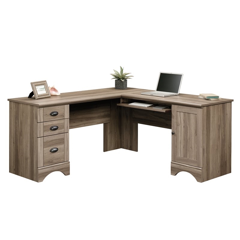 Pemberly Row L-Shaped Contemporary Engineered Wood Computer Desk in Salt Oak