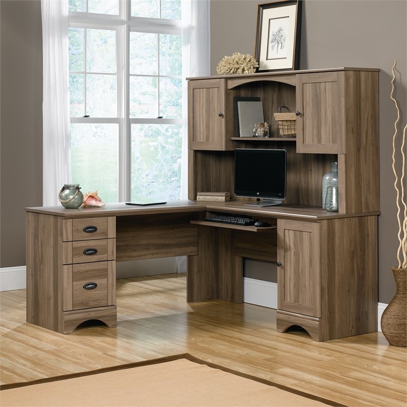 Pemberly Row L-Shaped Contemporary Engineered Wood Computer Desk in Salt Oak
