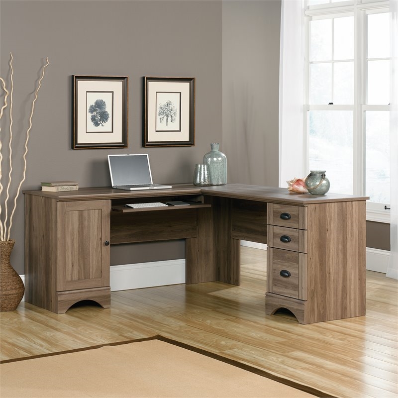 Pemberly Row L-Shaped Contemporary Engineered Wood Computer Desk in Salt Oak