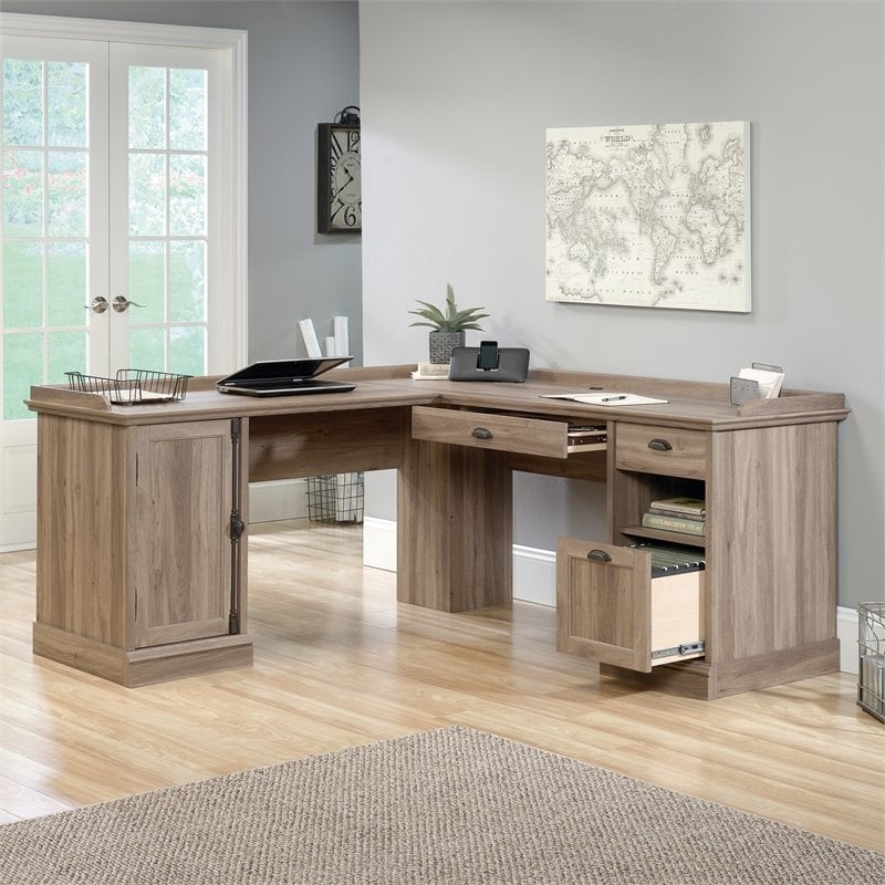 Pemberly Row Contemporary Wood L-Shaped Computer Desk in Salt Oak