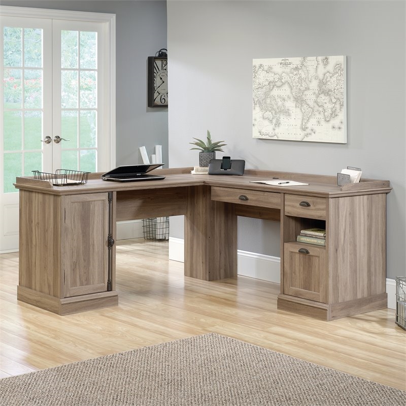 Pemberly Row Contemporary Wood L-Shaped Computer Desk in Salt Oak