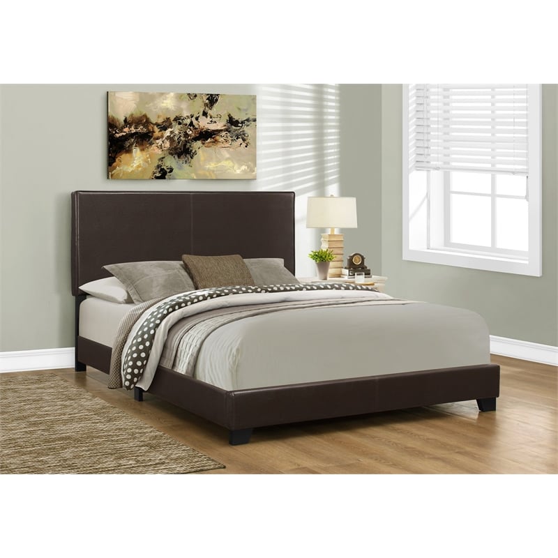 Pemberly Row Contemporary Faux Leather Upholstered Queen Bed in Dark Brown