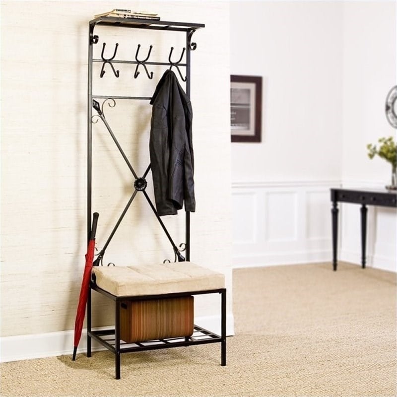 Pemberly Row Entryway Storage Rack Bench Seat in Textured Black