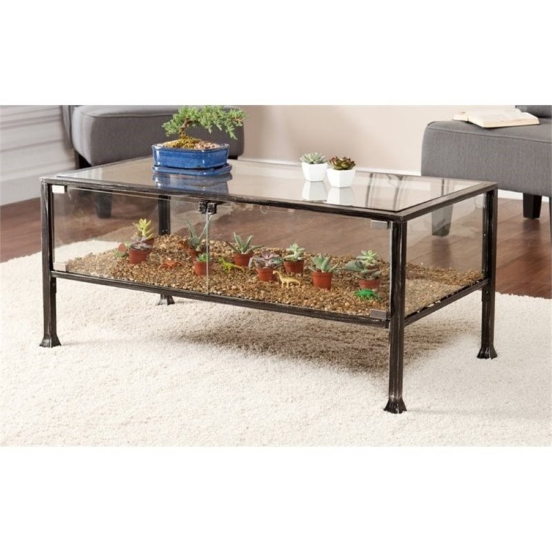 Pemberly Row Glass Display Coffee Table in Black PR627542