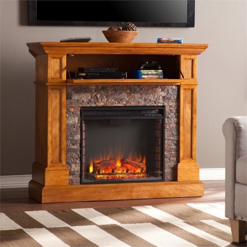 Pemberly Row Faux Stone Fireplace TV Stand in Sienna - PR-656607
