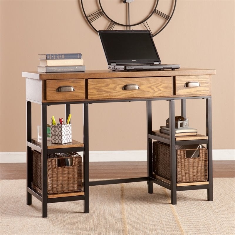 Pemberly Row Desk with Rattan Baskets in Weathered Gray Finish