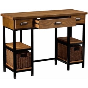 Pemberly Row Desk with Rattan Baskets in Weathered Gray Finish