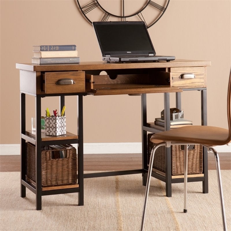 Pemberly Row Desk with Rattan Baskets in Weathered Gray Finish