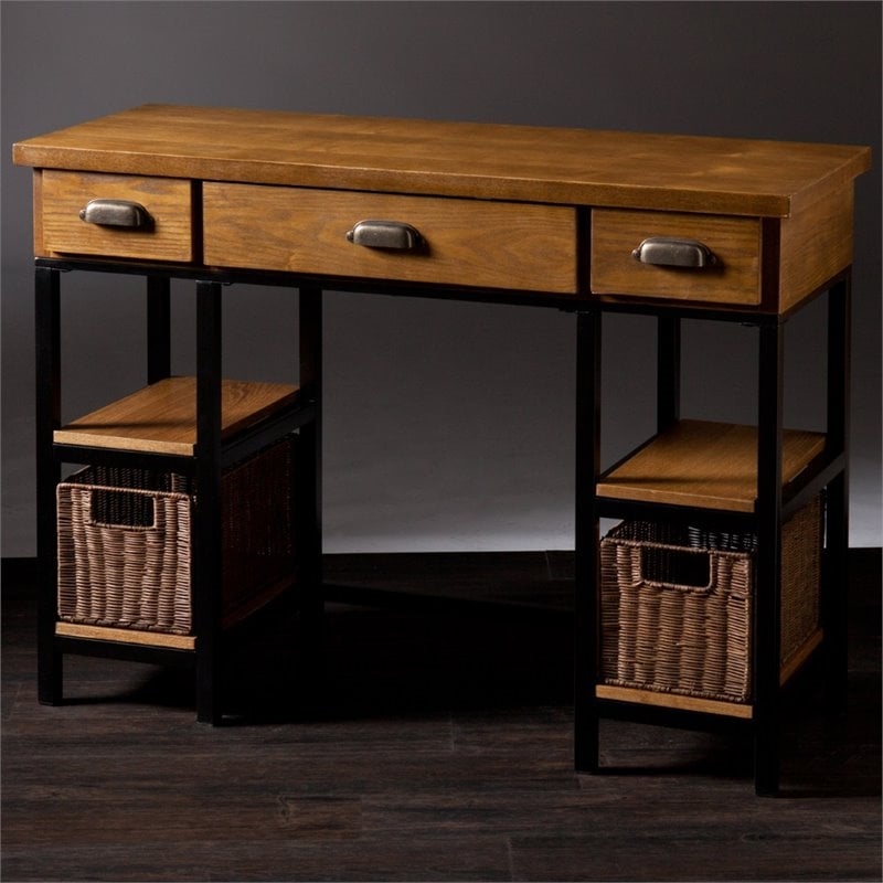 Pemberly Row Desk with Rattan Baskets in Weathered Gray Finish