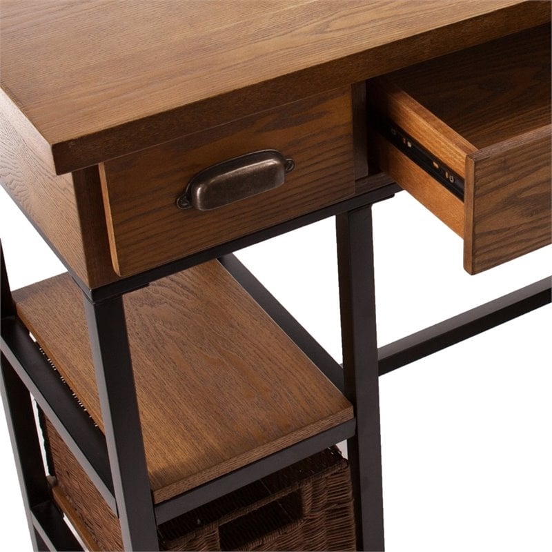 Pemberly Row Desk with Rattan Baskets in Weathered Gray Finish