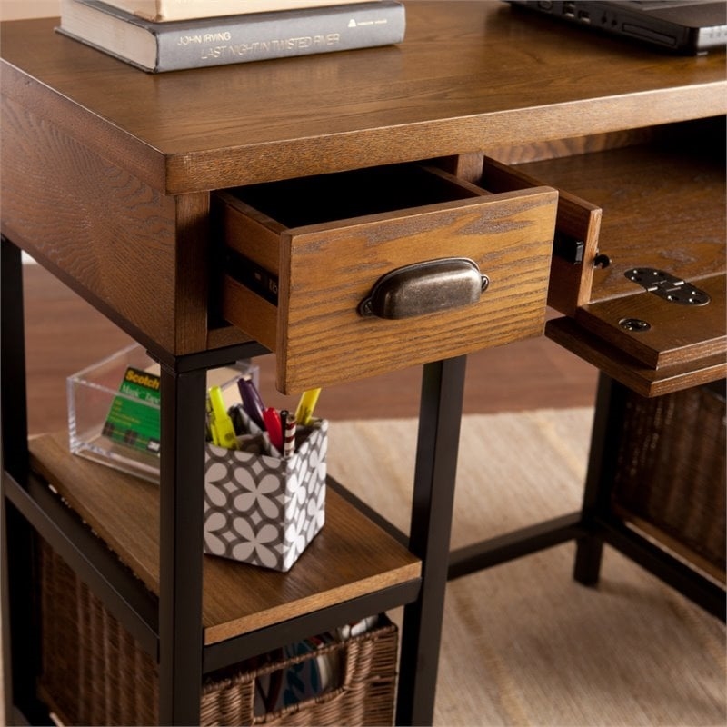 Pemberly Row Desk with Rattan Baskets in Weathered Gray Finish