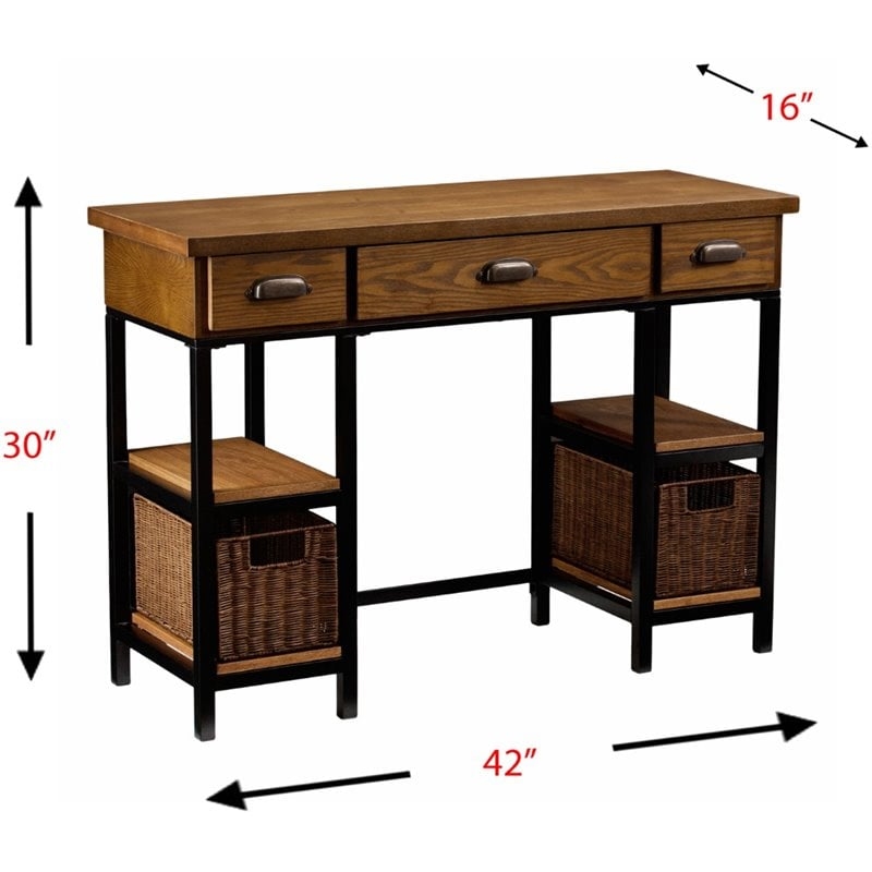 Pemberly Row Desk with Rattan Baskets in Weathered Gray Finish