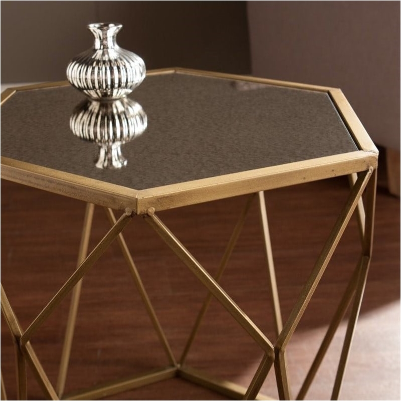 Pemberly Row Geometric Accent End Table in Gold with Antique Mirror