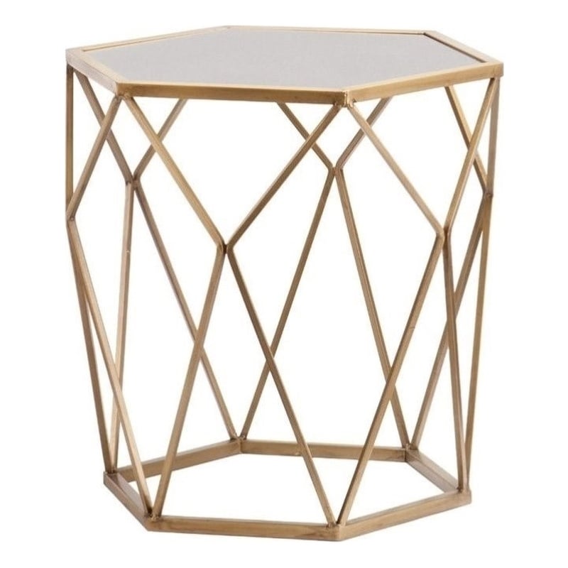 Pemberly Row Geometric Accent End Table in Gold with Antique Mirror