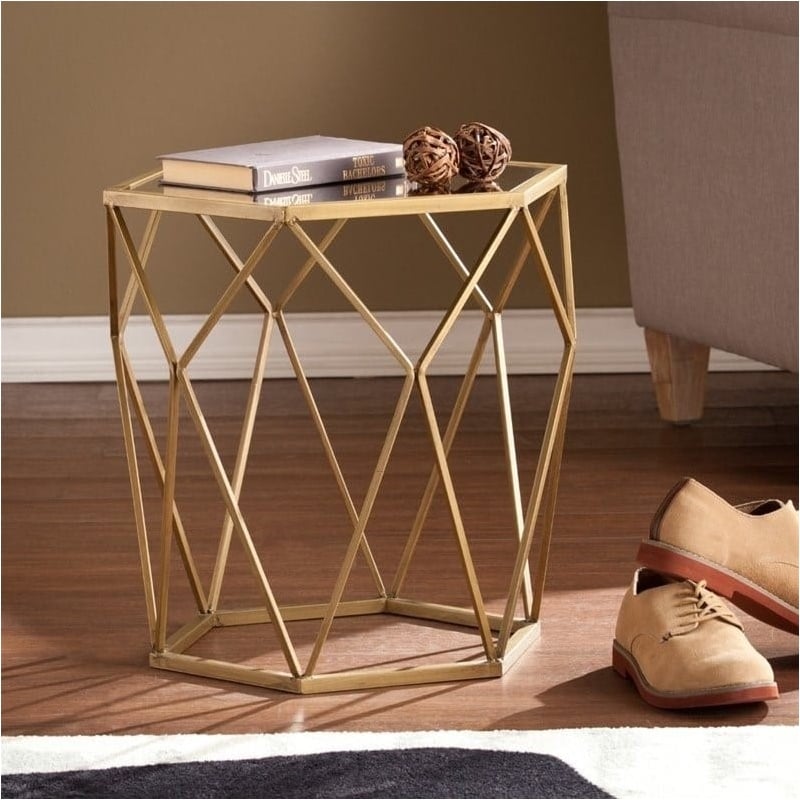 Pemberly Row Geometric Accent End Table in Gold with Antique Mirror