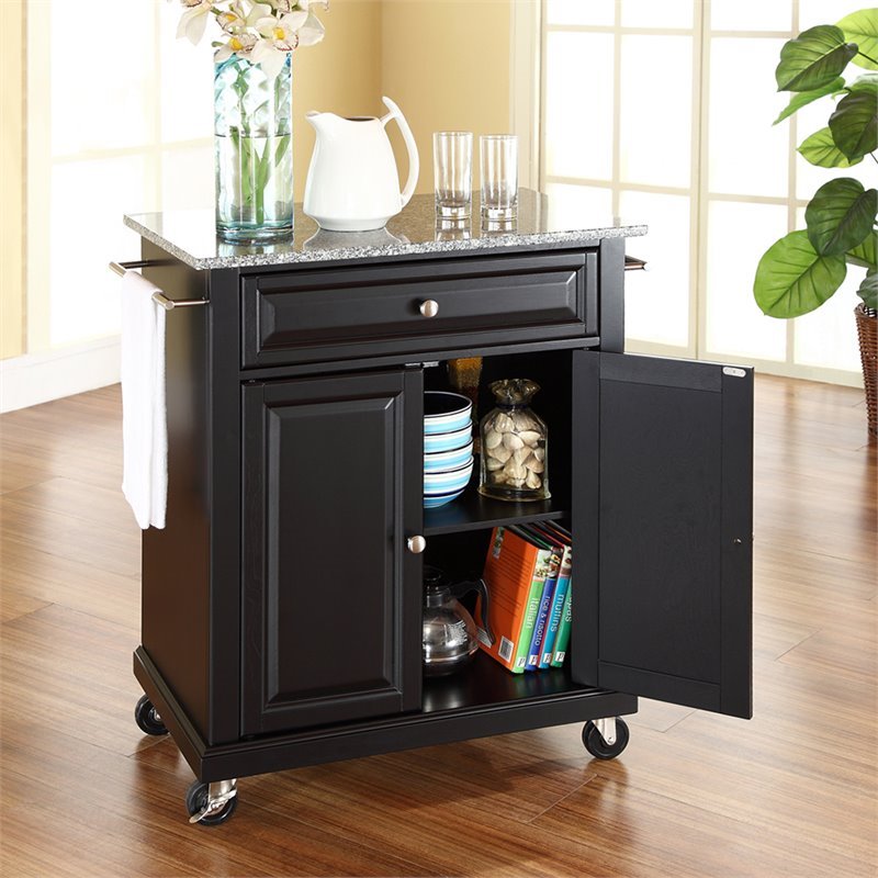 Pemberly Row Solid Granite Top Kitchen Cart in Black
