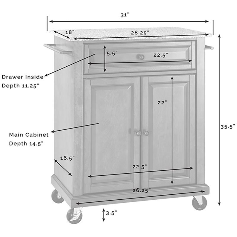 Pemberly Row Solid Granite Top Kitchen Cart in Black