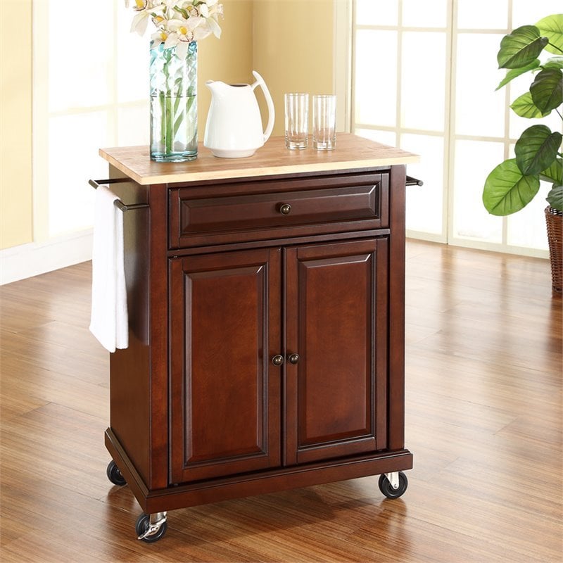 Pemberly Row Traditional Wood Kitchen Cart in Mahogany/Natural