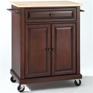 Pemberly Row Natural Wood Top Kitchen Cart in Mahogany