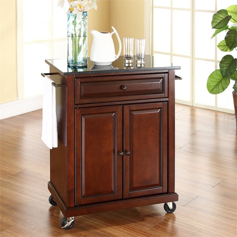 Pemberly Row Traditional Wood Kitchen Cart with Granite Top in Mahogany/Black