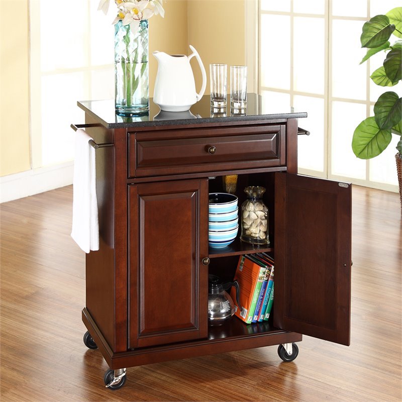 Pemberly Row Traditional Wood Kitchen Cart with Granite Top in Mahogany/Black