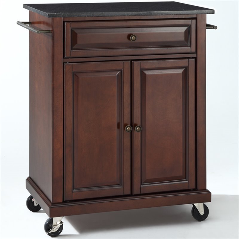 Pemberly Row Traditional Wood Kitchen Cart with Granite Top in Mahogany/Black