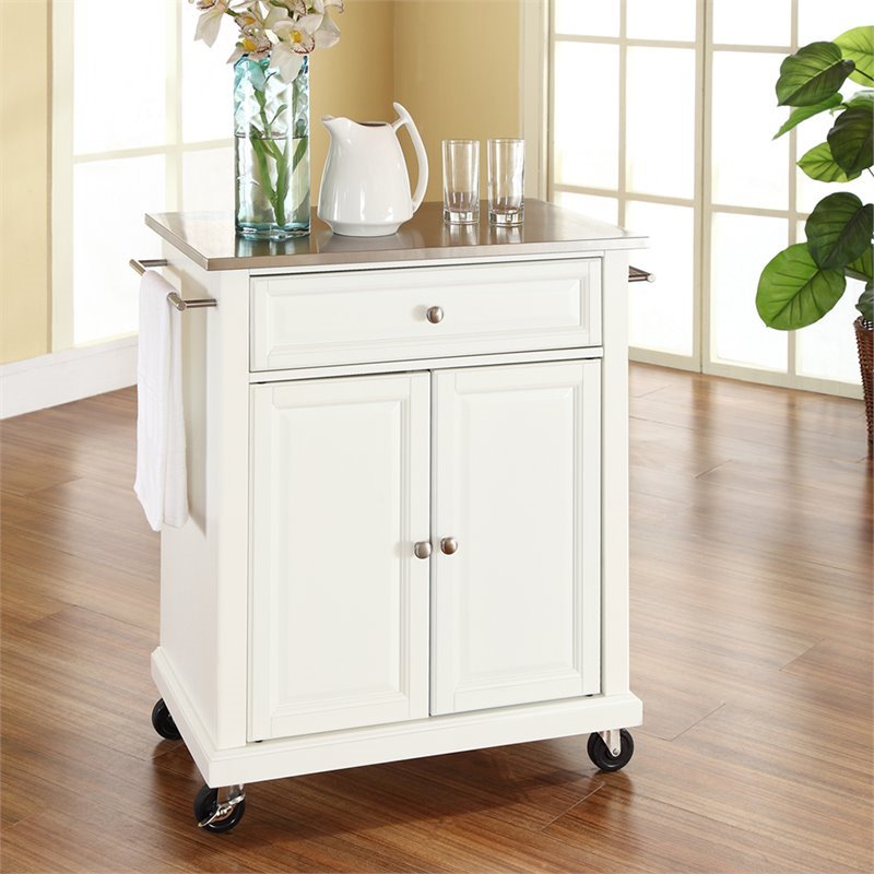 Pemberly Row Traditional Wood Kitchen Cart with Stainless Steel Top in White
